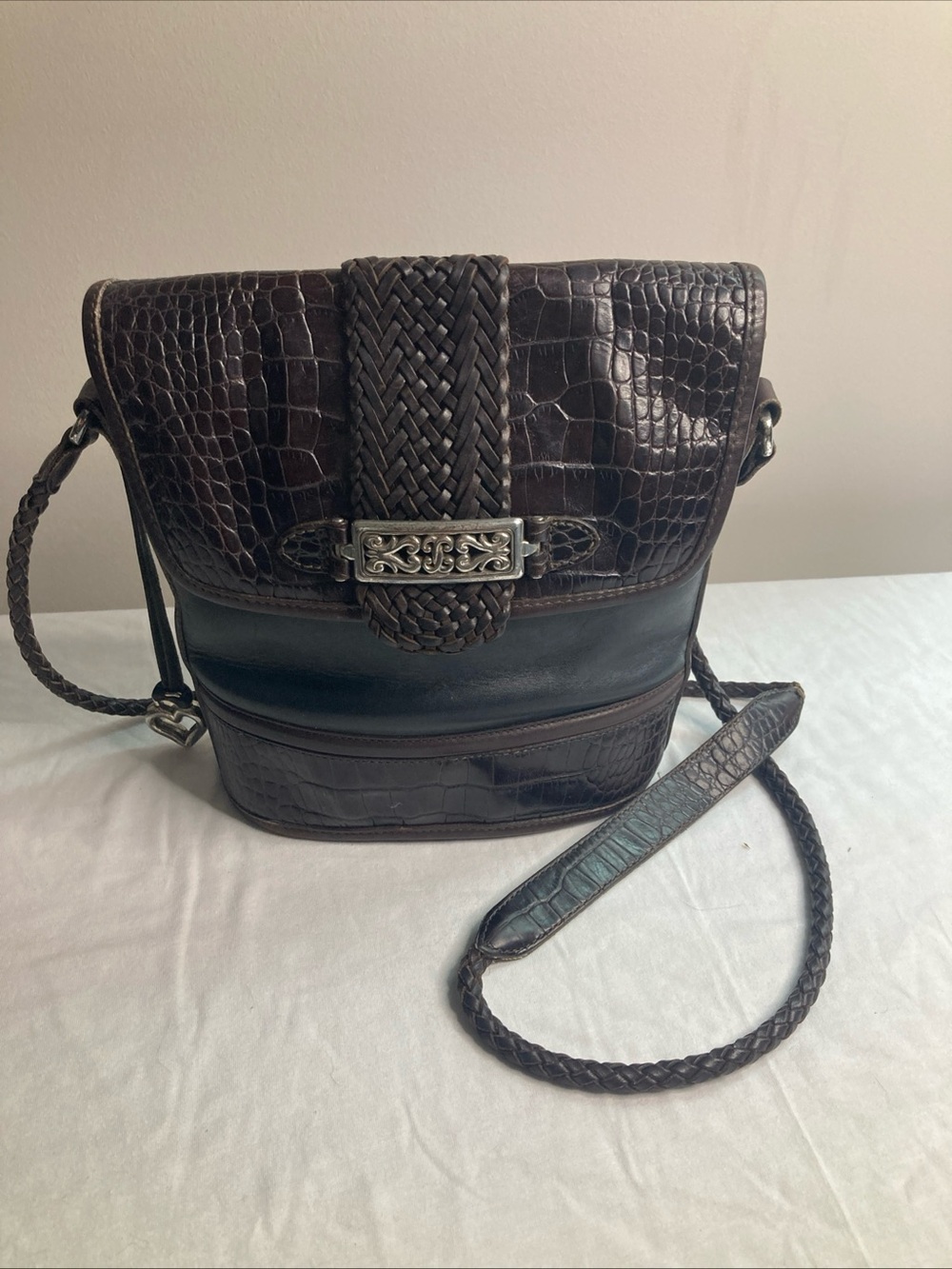 Brighton Cheryl Crossbody Bag Braided Leather Brown Silver Heart Fab